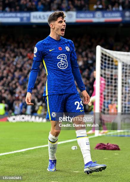 Kai Havertz of Chelsea celebrates after scoring their team's first goal during the Premier League match between Chelsea and Burnley at Stamford...
