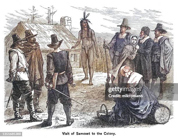 old engraved illustration of visit of samoset to the pilgrims of plymouth colony, march 1621 - first native american to make contact with the pilgrims of plymouth colony - native americans 1800s stockfoto's en -beelden