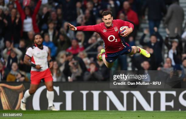 Jonny May of England dives over to score their side's third try during the Autumn Nations Series match between England and Tonga at Twickenham...