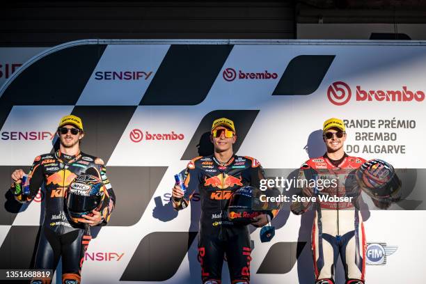 Moto2 Top-3 riders with Moto2 rider Remy Gardner of Australia and Red Bull KTM Ajo , Moto2 rider Raul Fernandez of Spain and Red Bull KTM Ajo and...