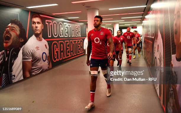Courtney Lawes of England leads their side out for the second half during the Autumn Nations Series match between England and Tonga at Twickenham...