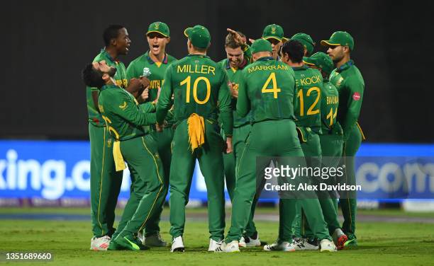 Tabraiz Shamsi of South Africa celebrates the wicket of Jonny Bairstow of England during the ICC Men's T20 World Cup match between England and SA at...