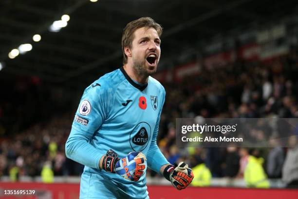 Tim Krul of Norwich City celebrates after the Premier League match between Brentford and Norwich City at Brentford Community Stadium on November 06,...