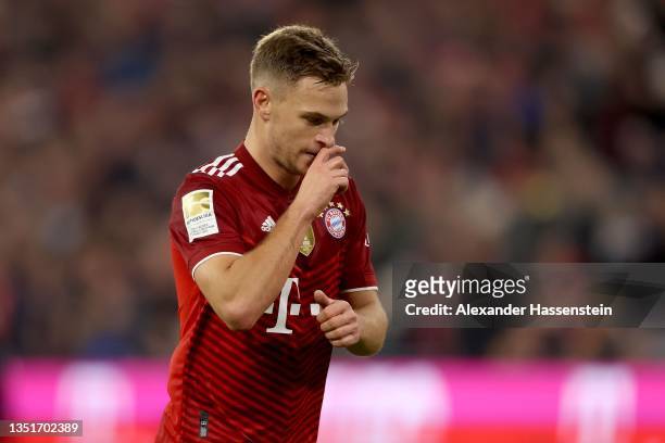 Joshua Kimmich of FC Bayern München looks on during the Bundesliga match between FC Bayern München and Sport-Club Freiburg at Allianz Arena on...