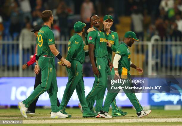 Kagiso Rabada of South Africa celebrates after dismissing Chris Jordan to claim a hat trick during the ICC Men's T20 World Cup match between England...