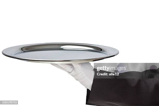 holding empty try against white background - tray stock pictures, royalty-free photos & images