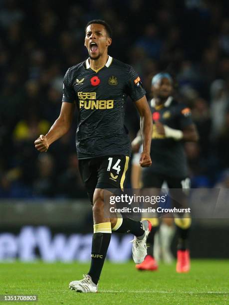 Isaac Hayden of Newcastle United celebrates after scoring their team's first goal during the Premier League match between Brighton & Hove Albion and...