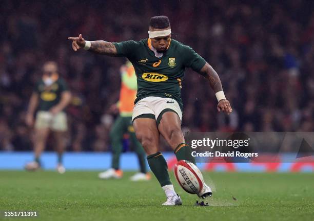 Elton Jantjies of South Africa takes a conversion kick during the Autumn Nations Series match between Wales and South Africa at Principality Stadium...