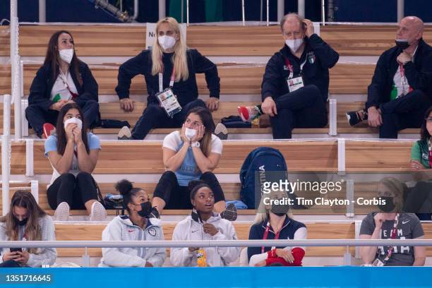 Simone Biles of the United States in the stands with team mates watching the All-Around Final for Women at Ariake Gymnastics Centre during the Tokyo...