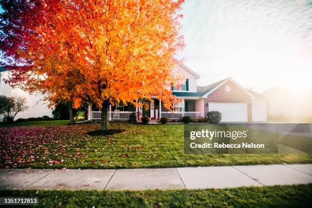 exterior of two story house in autumn - casa de dos pisos fotografías e imágenes de stock