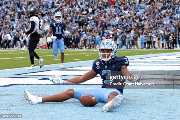 Antoine Green of the North Carolina Tar Heels reacts after making a catch in the end zone during the second half of their game against the Wake...