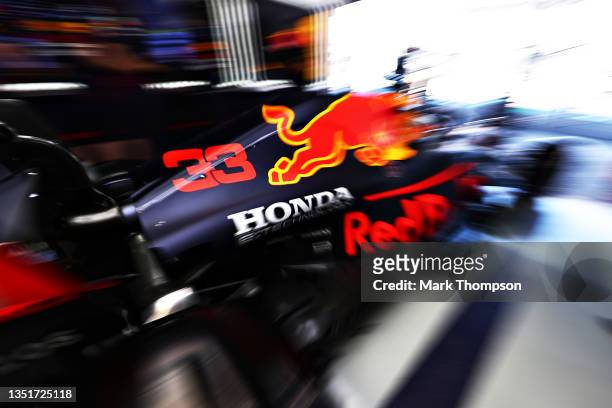 Max Verstappen of the Netherlands driving the Red Bull Racing RB16B Honda leaves the garage during qualifying ahead of the F1 Grand Prix of Mexico at...