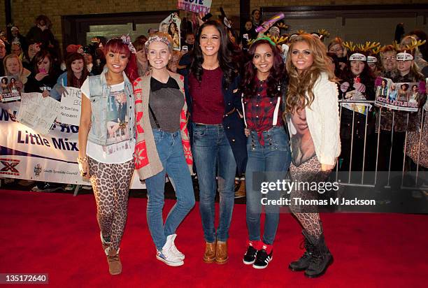 Jesy Nelson, Perrie Edwards, Tulisa Contostavolos, Leigh-Anne Pinnock and Jade Thirlwall pose on the red carpet before performing a special gig ahead...