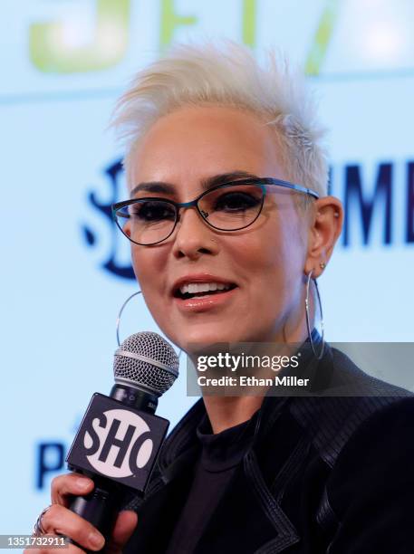 Showtime boxing host Claudia Trejos speaks during a news conference with Jake Paul to promote his Showtime pay-per-view boxing event against Tommy...