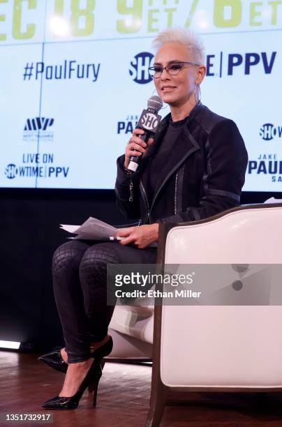 Showtime boxing host Claudia Trejos speaks during a news conference with Jake Paul to promote his Showtime pay-per-view boxing event against Tommy...
