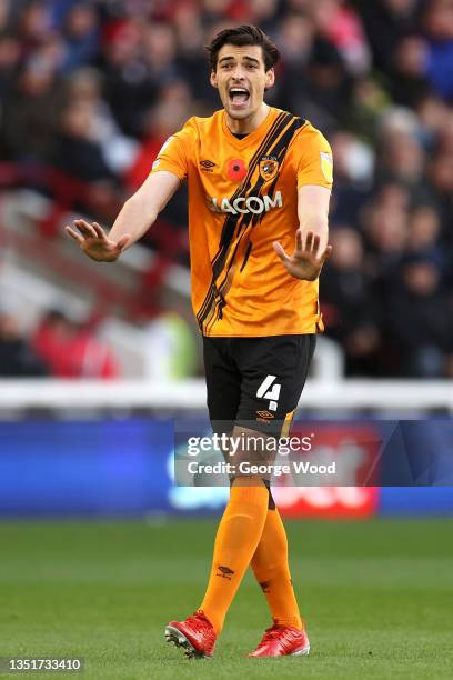 Jacob Greaves of Hull City reacts during the Sky Bet Championship match between Barnsley and Hull City at Oakwell Stadium on November 06, 2021 in...