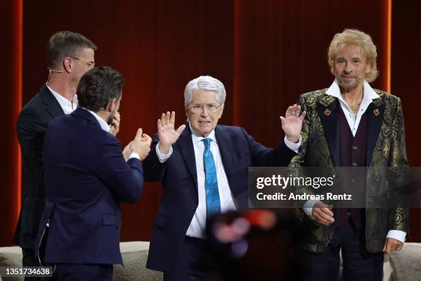 Klaas Heufer-Umlauf, Joko Winterscheidt, Frank Elstner and Thomas Gottschalk are seen during the 40th anniversary of the tv show "Wetten, dass...?"...