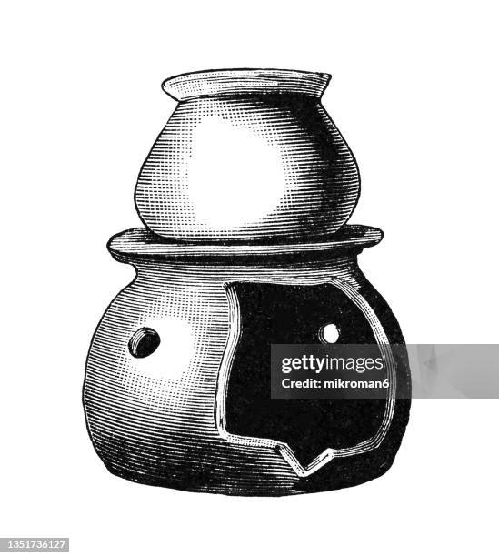 old engraved illustration of malay culture - brazier and rice pot (java) - brazier stock pictures, royalty-free photos & images