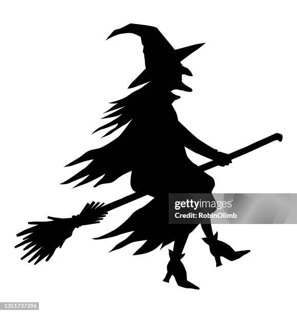 witch flying on broom silhouette - witch stock illustrations