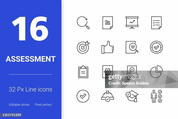 assessment editable stroke line icons - analytics minimal stock illustrations