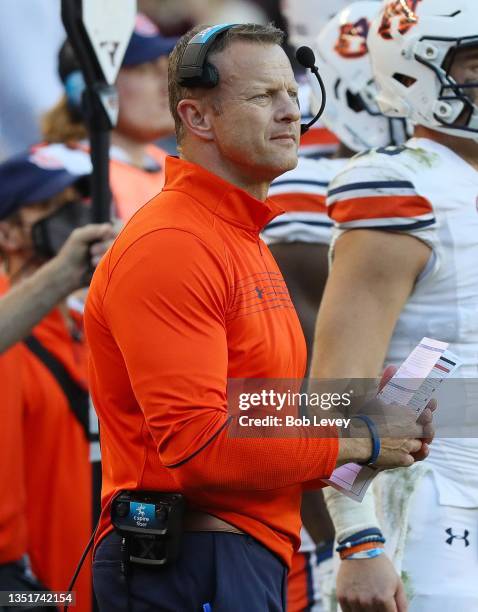 Head coach Bryan Harsin of the Auburn Tigers looks on the sidelines in the second half against the Texas A&M Aggies at Kyle Field on November 06,...