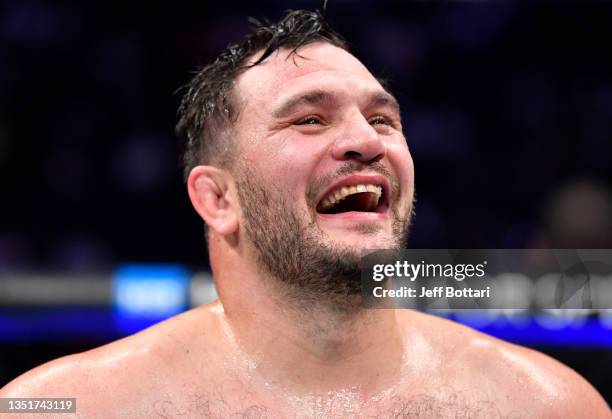 Gian Villante reacts after his TKO loss to Chris Barnett in their heavyweight fight during the UFC 268 event at Madison Square Garden on November 06,...