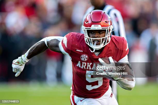 Raheim Sanders of the Arkansas Razorbacks runs the ball in the second half of a game against the Mississippi State Bulldogs at Donald W. Reynolds...