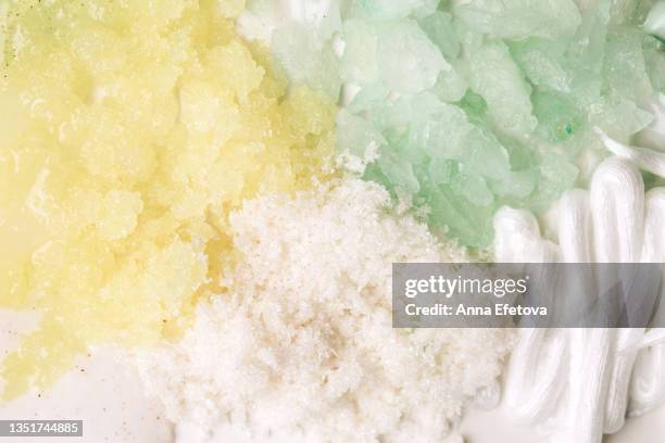 shower gel, sugar scrubs and shaving gel. morning bath set for body care. flat lay style - coconut shaving stock pictures, royalty-free photos & images