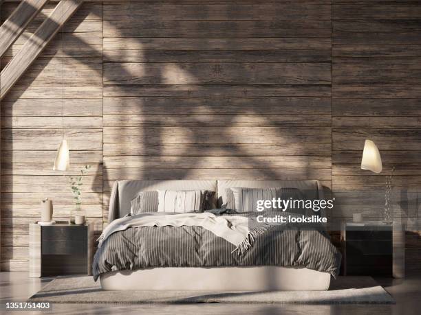 front view of wooden cabin bedroom - bedding stock pictures, royalty-free photos & images