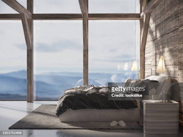 wooden cabin bedroom with a view - mountain side stock pictures, royalty-free photos & images