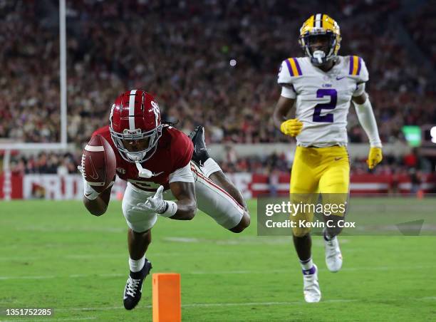 John Metchie III of the Alabama Crimson Tide fails to pull in this reception against the LSU Tigers during the first half at Bryant-Denny Stadium on...