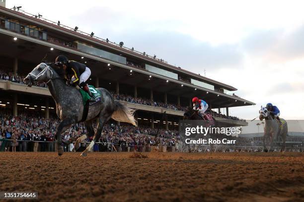 Jockey Joel Rosario rides Knicks Go to win the Breeders' Cup Classic at Del Mar Race Track on November 06, 2021 in Del Mar, California.