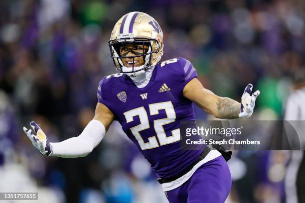 Trent McDuffie of the Washington Huskies celebrates a safety against the Oregon Ducks during the first quarter at Husky Stadium on November 06, 2021...