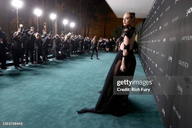 Elle Fanning, wearing Gucci, attends the 10th Annual LACMA ART+FILM GALA honoring Amy Sherald, Kehinde Wiley, and Steven Spielberg presented by Gucci...