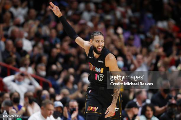 Caleb Martin of the Miami Heat celebrates a three pointer against the Utah Jazz during the second half at FTX Arena on November 06, 2021 in Miami,...