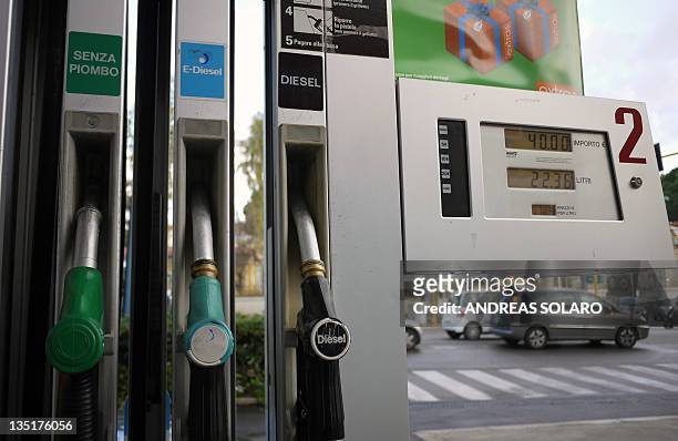 View of a pump in a petrol station in Rome on December 7, 2011. A liter of unleaded petrol jumped to 1,70 euro after new Prime Minister Mario Monti...