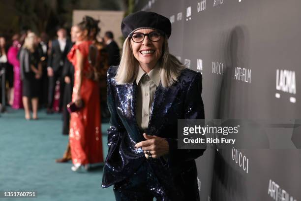 Diane Keaton, wearing Gucci, attends the 10th Annual LACMA ART+FILM GALA honoring Amy Sherald, Kehinde Wiley, and Steven Spielberg presented by Gucci...