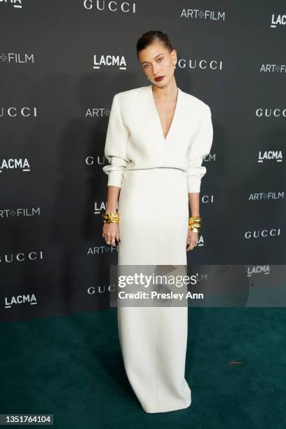 Hailey Bieber attends the 10th Annual LACMA ART+FILM GALA honoring Amy Sherald, Kehinde Wiley, and Steven Spielberg presented by Gucci at Los Angeles...