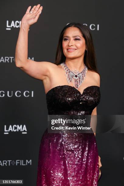 Salma Hayek attends the 10th Annual LACMA ART+FILM GALA presented by Gucci at Los Angeles County Museum of Art on November 06, 2021 in Los Angeles,...