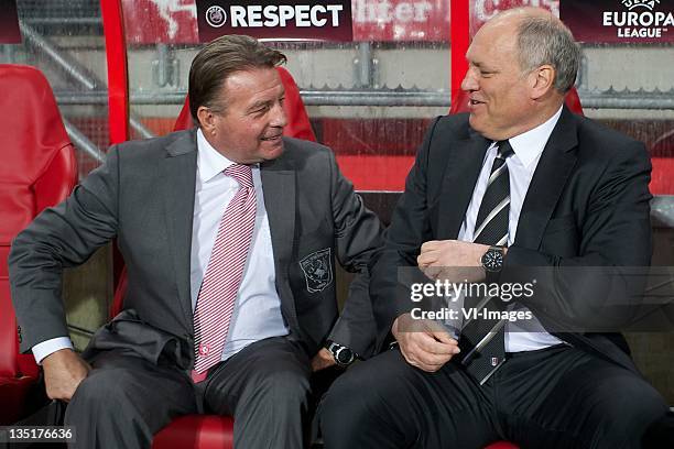 Coach Co Adriaanse of FC Twente ,coach Martin Jol of Fulham during the Europa League match between FC Twente and Fulham FC at the Grolsch Veste...