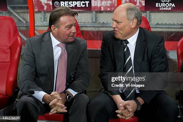 Coach Co Adriaanse of FC Twente,coach Martin Jol of Fulham during the Europa League match between FC Twente and Fulham FC at the Grolsch Veste...