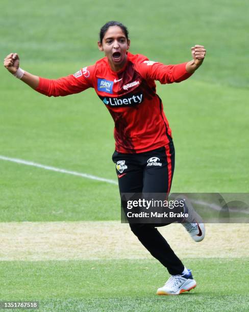 Harmanpreet Kaur of the Melbourne Renegades celebrates the wicket ofElyse Villani of the Melbourne Stars during the Women's Big Bash League match...