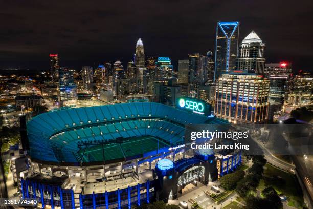 An aerial view of Bank of America Stadium and the downtown Charlotte skyline on November 6, 2021 in Charlotte, North Carolina.