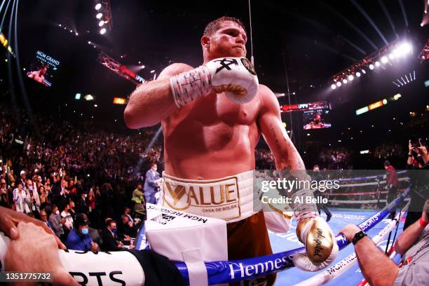 Canelo Alvarez celebrates his 11th round technical knock out win against Caleb Plant after their championship bout for Alvarez's WBC, WBO and WBA...