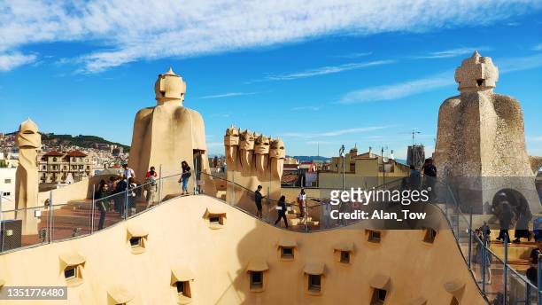 casa mila rooftop house chimneys in barcelona, spain - people mosaic human face stock pictures, royalty-free photos & images