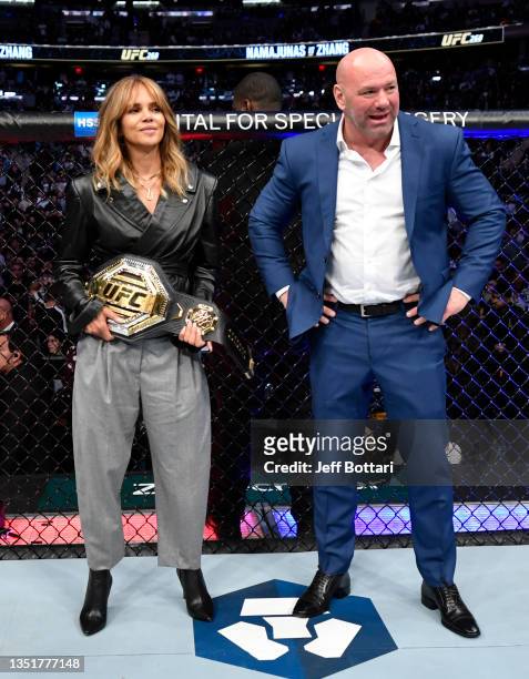 Halle Berry is seen in the Octagon with UFC president Dana White after the UFC strawweight championship fight between Rose Namajunas and Zhang Weili...