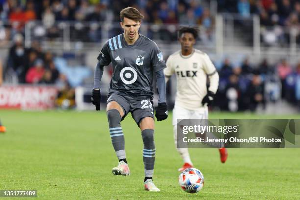 Adrien Hunou of Minnesota United FC during a game between Los Angeles FC and Minnesota United FC at Allianz Field on October 23, 2021 in St Paul,...