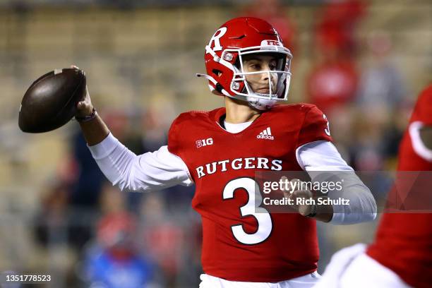 Quarterback Evan Simon of the Rutgers Scarlet Knights during a game against the Wisconsin Badgers at SHI Stadium on November 6, 2021 in Piscataway,...