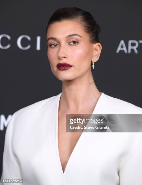 Hailey Bieber arrives at the 10th Annual LACMA ART+FILM GALA Presented By GucciLos Angeles County Museum of Art on November 06, 2021 in Los Angeles,...