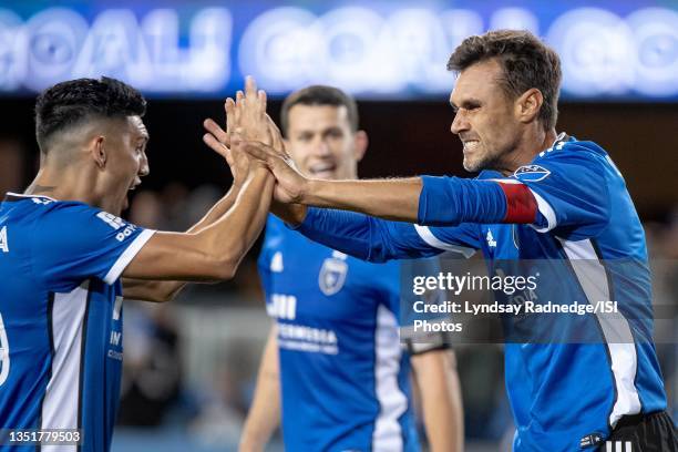 Cristian Espinoza celebrates with Chris Wondolowski of the San Jose Earthquakes during a game between San Jose Earthquakes and Austin FC at PayPal...